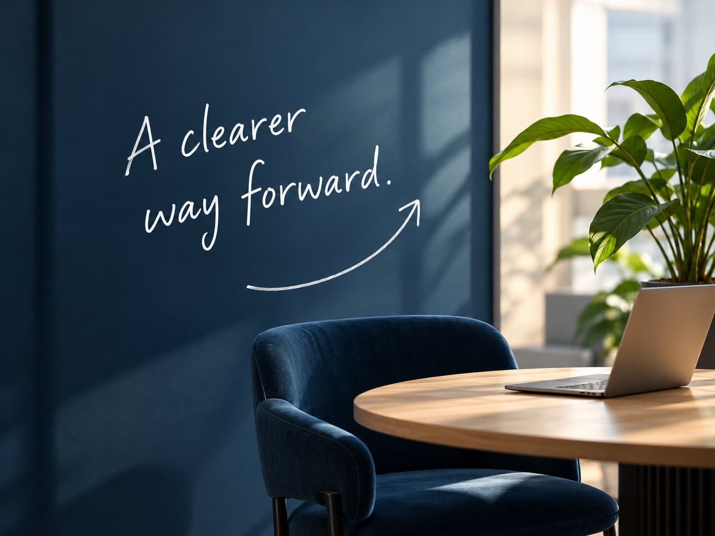 A quiet meeting table with a laptop beside a wall that reads: A clearer way forward.