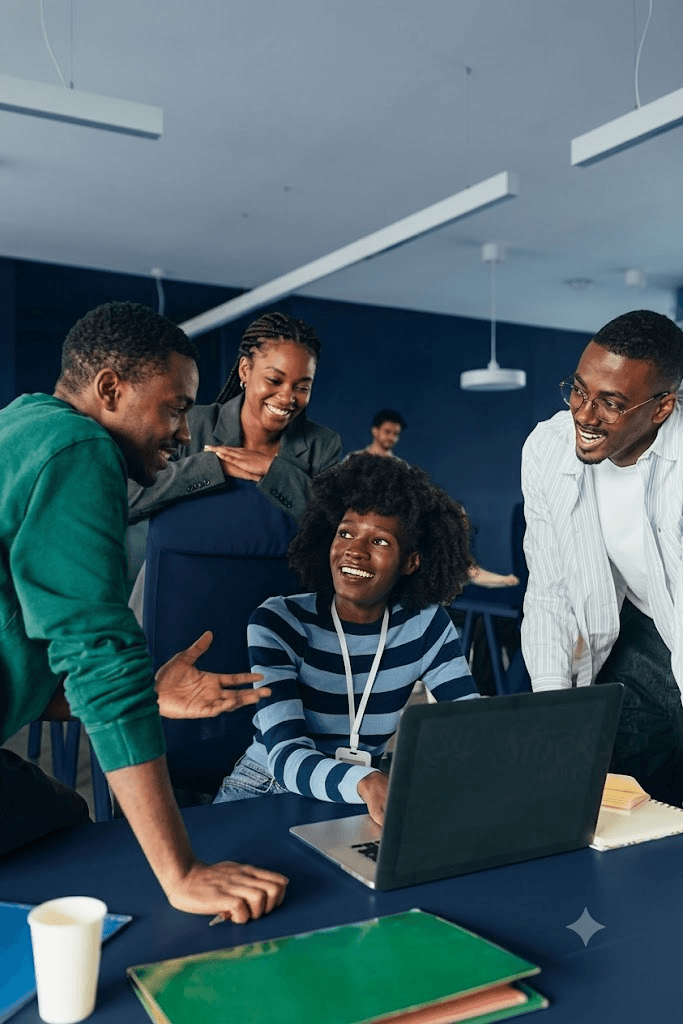 A team reviewing work together at a laptop